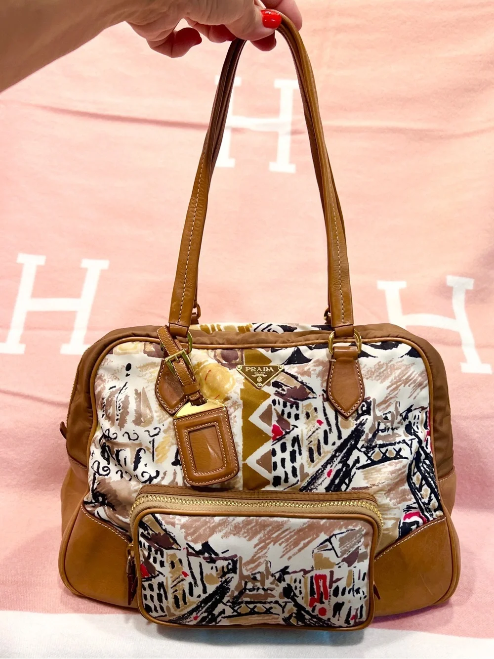 PRADA⭐️Bauletto! Multicolor Shoulder Bag with Brown Leather Trim. Offers!❤️